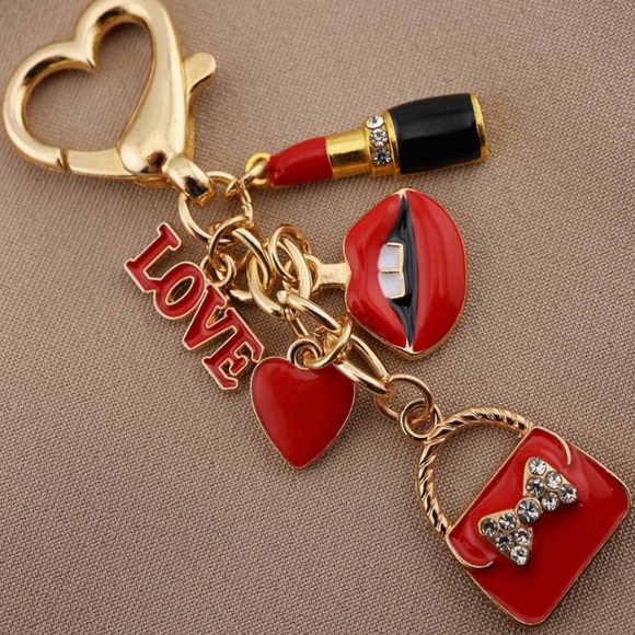 Red and Gold Keychain with Lipstick Charm - Picture 2 of 4